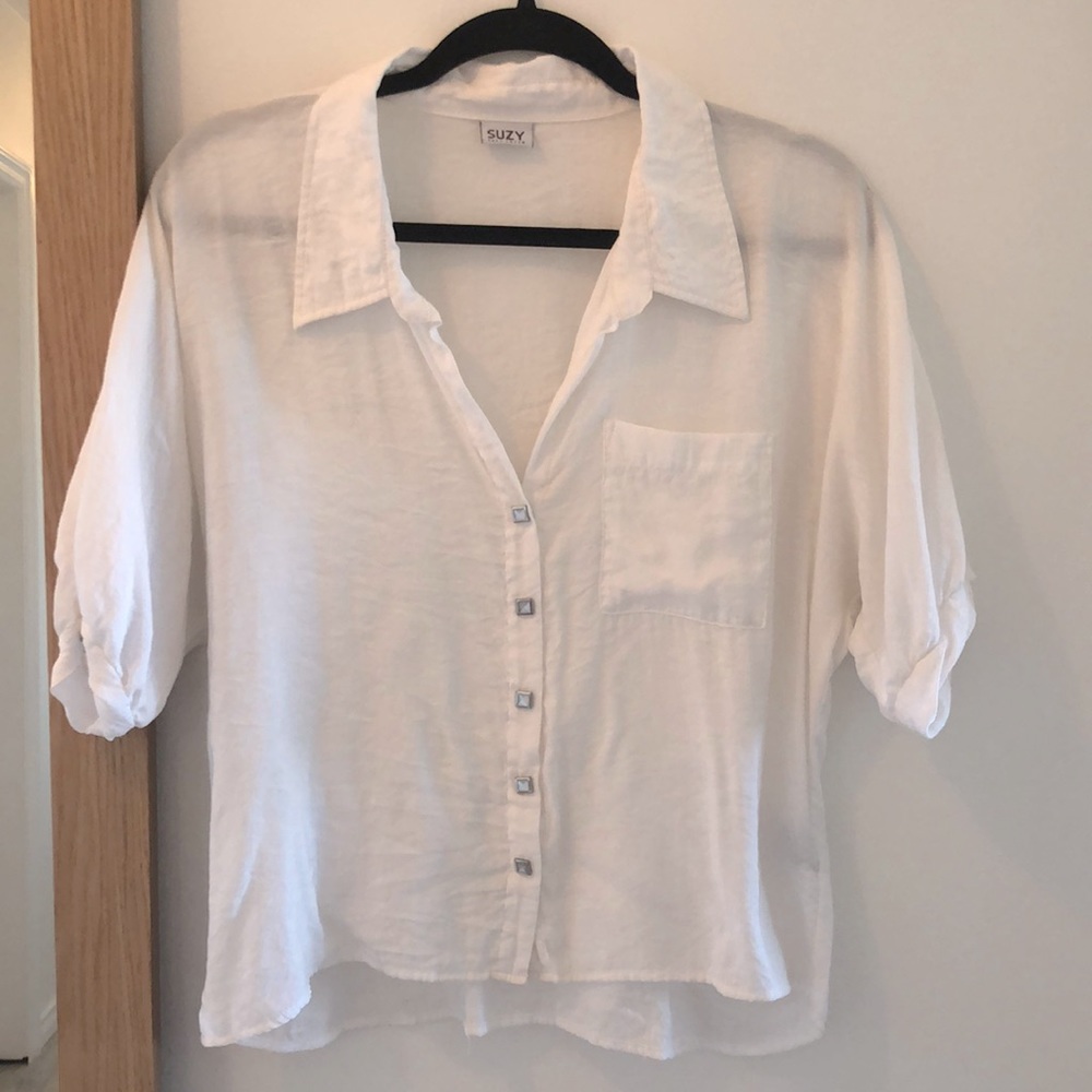 White Button Down Blouse with Gathered Puff Sleeve